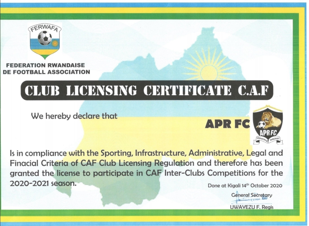 APR FC yahawe uruhushya rwo kwitabira amarushanwa ya CAF mu mwaka w'imikino wa 2020/21