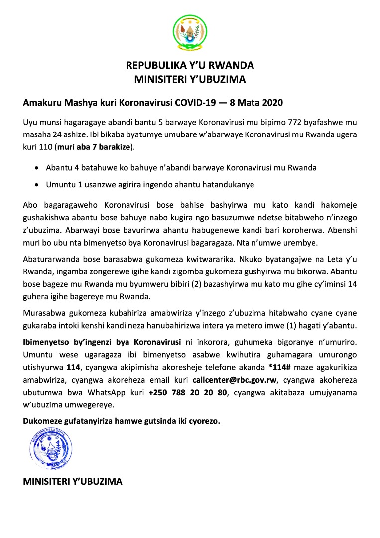 Umubare w'abanduye Coronavirus mu Rwanda wageze ku 110, muri bo barindwi barayikize baranasezererwa