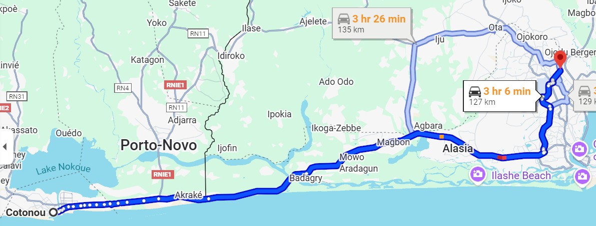 Kuva i Lagos ujya i Cotonou muri Bénin, bireshya no kuva i Kigali ujya i Huye ukoresheje umuhanda