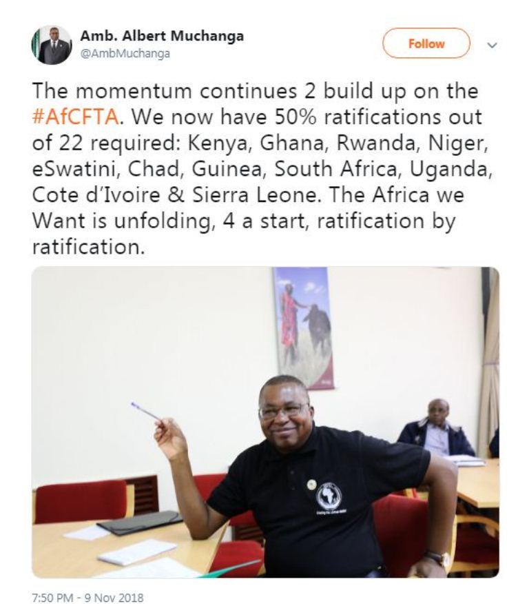 Komiseri ushinzwe ubucuruzi n’inganda muri AU, Amb. Albert Muchanga, yavuze ko hakomeje guterwa intambwe nziza igana ku itangira ry’isoko rusange nyafurika