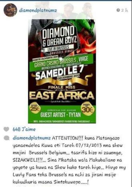 Ubutumwa bwa Diamond kuri instagram abeshyuza ibyo kuba yaratumiwe gutaramira mu Bubiligi