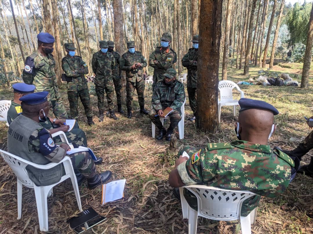Itsinda ry'abasirikare barimo ab'u Rwanda, RDC, u Burundi na Kenya bagenzura ibyabaye abo barwanyi bajya gufatwa