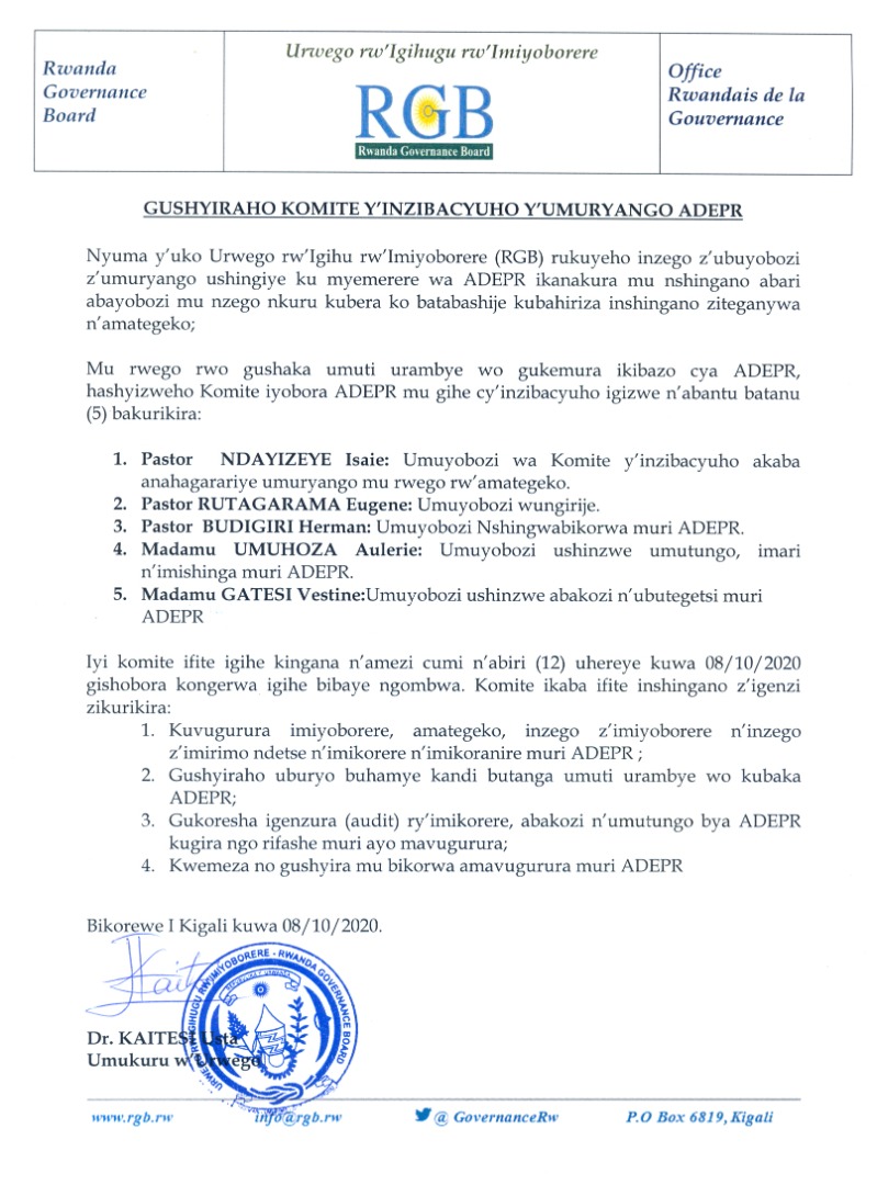 Itangazo rya RGB rishyiraho Komite y’Inzibacyuho ya ADEPR