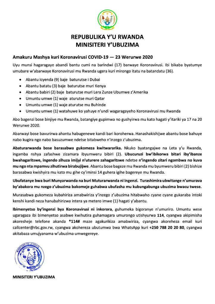 Minisante yatangaje ko abarwayi ba COVID-19 bageze kuri 36, isaba Abanyarwanda kubahiriza ingamba zo kwirinda gukwirakwiza iki cyorezo