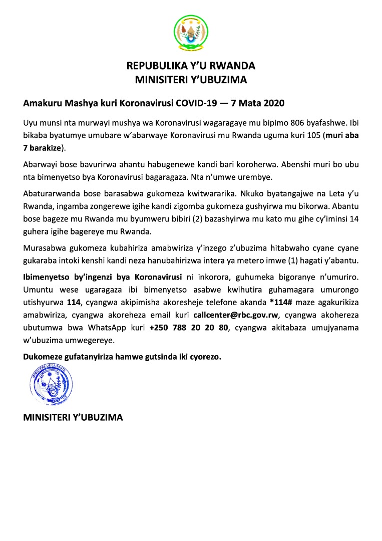 Umubare w’abanduye Coronavirus mu Rwanda wagumye ku 105 mu gihe abandi bantu batatu basezerewe mu bitaro