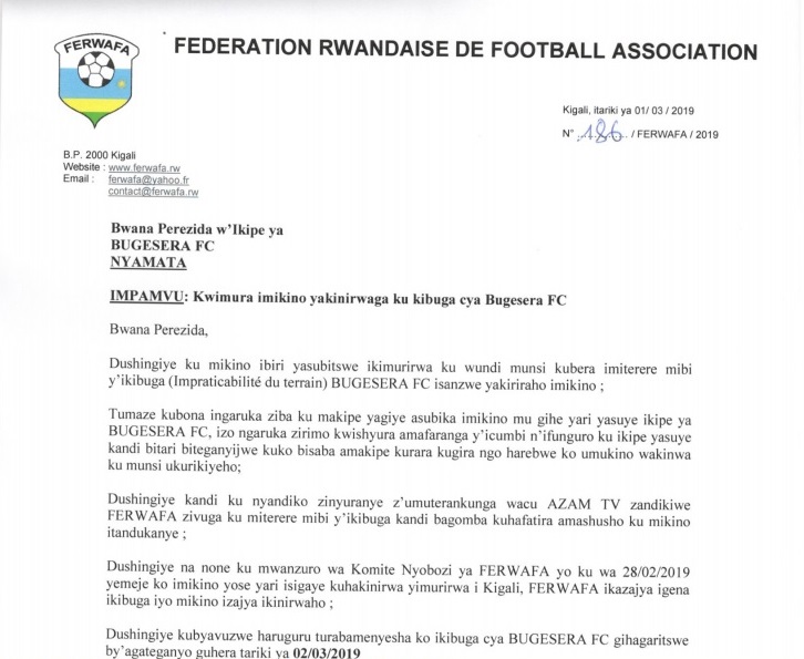 FERWAFA yahagaritse ikibuga cya Bugesera FC mu ntangiriro z'uku kwezi