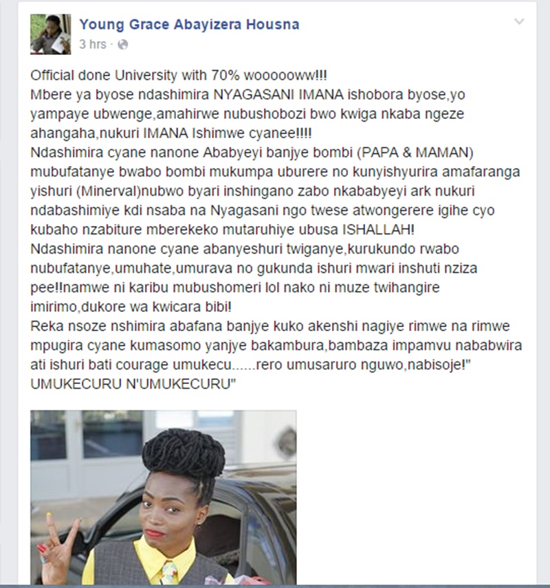 Young Grace yari yakwirakwije aya makuru kuri Facebook na Instagram