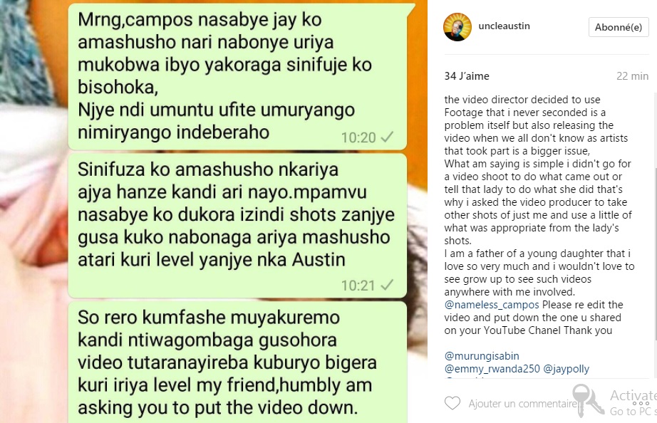 Uncle Austin yerekanye ubutumwa yandikiranye na Producer Campos amusaba ko asiba iyi ndirimbo