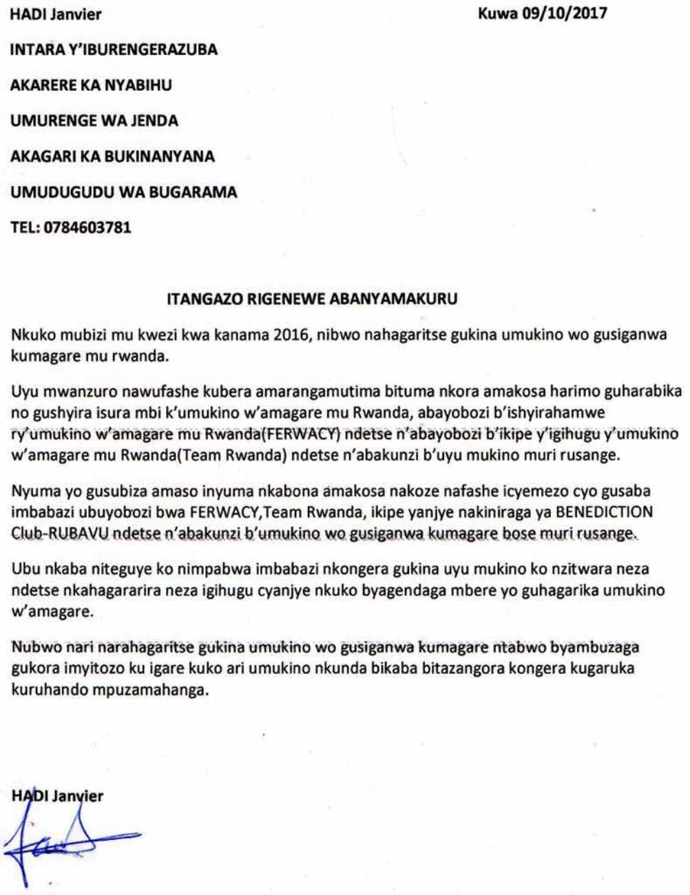 Ibaruwa Hadi yanditse asaba imbabazi
