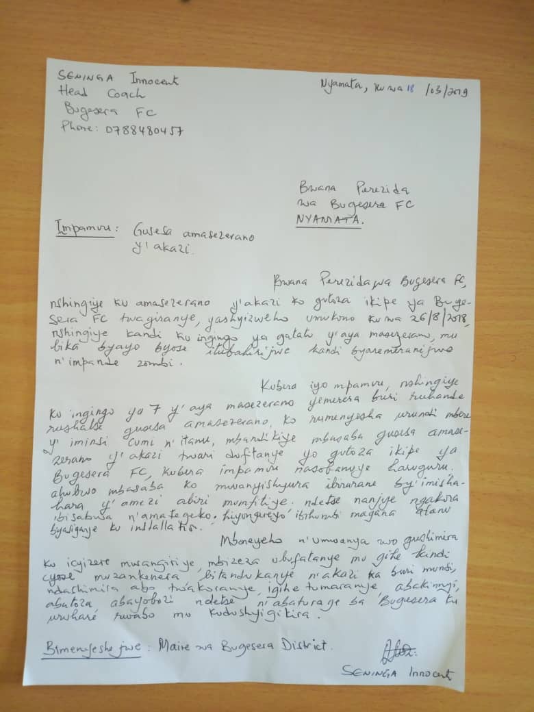 Ibaruwa Seninga Innocent yandikiye Bugesera FC asesa amasezerano