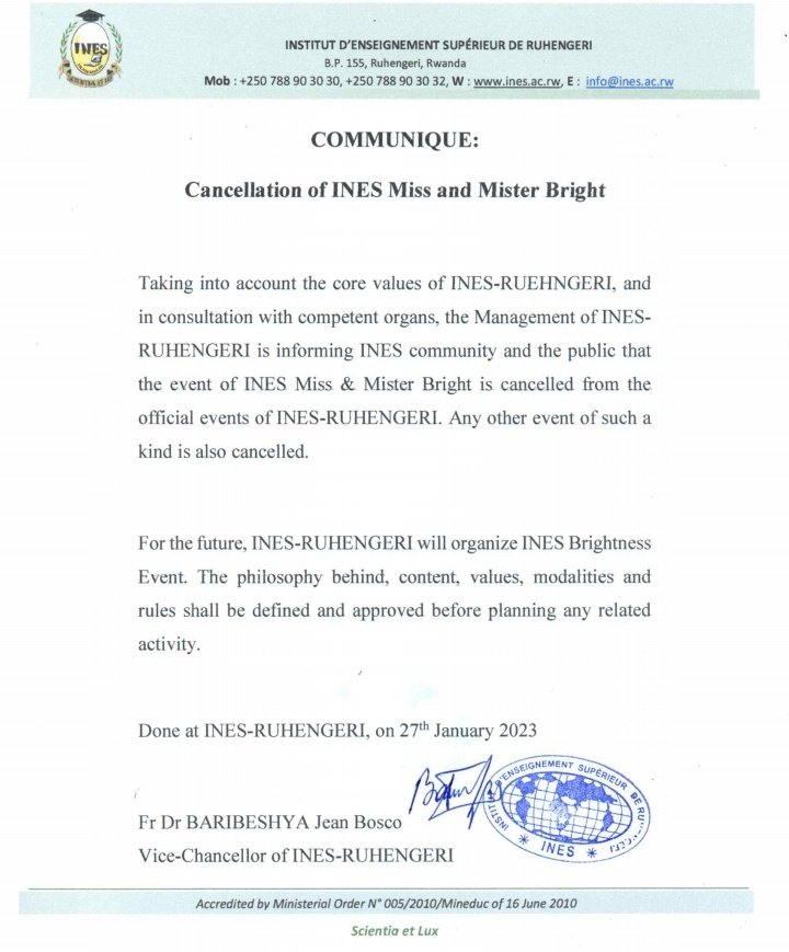 Ibaruwa y'ubuyobozi bwa INES Ruhengeri