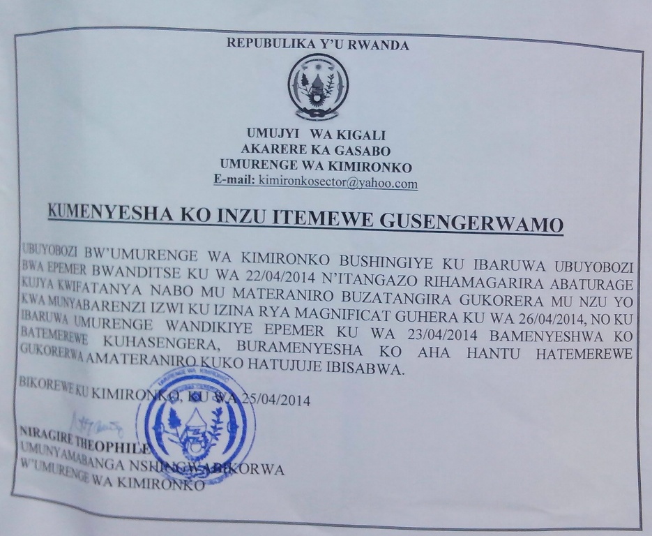 Icyemezo cy'umurenge wa Kimironko kibuza EPEMR guteranira mu nyubako yaho