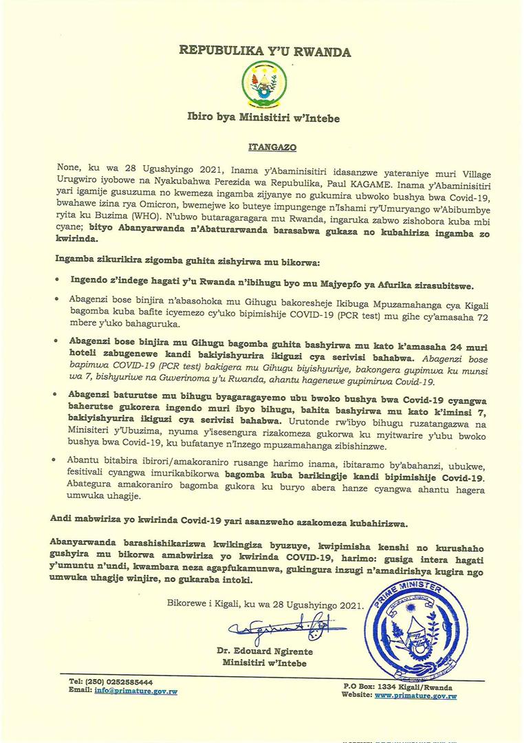 U Rwanda rwahagaritse ingendo z’indege ziruhuza n’ibihugu byo mu Majyepfo ya Afurika