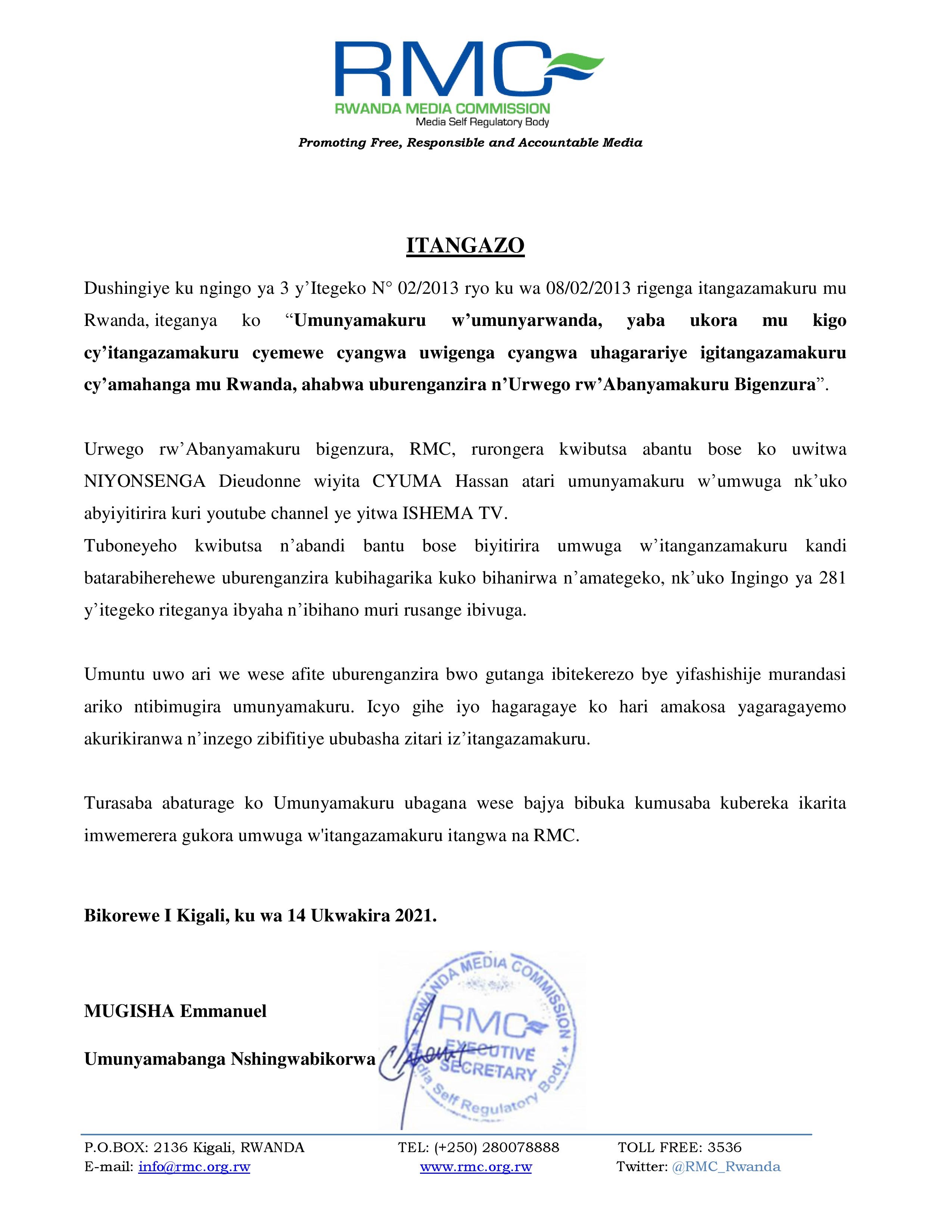 Itangazo rya RMC ryamagana Cyuma Hassan