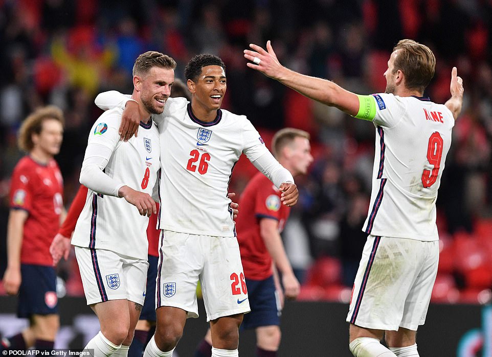 Jude Bellingham, Kane na Henderson bishimira igitego mbere y'uko umusifuzi agaragaza ko habayeho kurarira