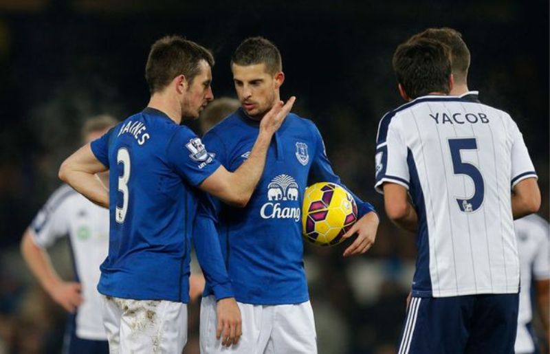 Kevin Mirallas ufite (umupira) na Leighton Baines bagiranye amahari bashaka gutera penaliti