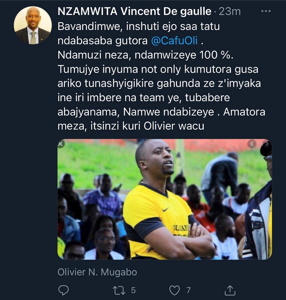 Nzamwita de Gaulle yashyize ubu butumwa kuri Twitter ariko ahita abusiba bidatinze