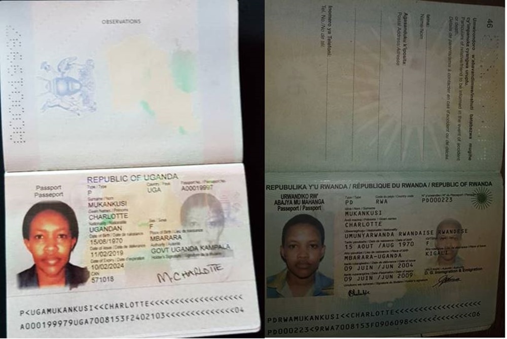 Mukankusi wari umudipolomate w'u Rwanda nk'uko bigaragazwa na Pasiporo iri iburyo, yahawe Pasiporo imugaragaza nk'umuturage wa Uganda (ibumoso)