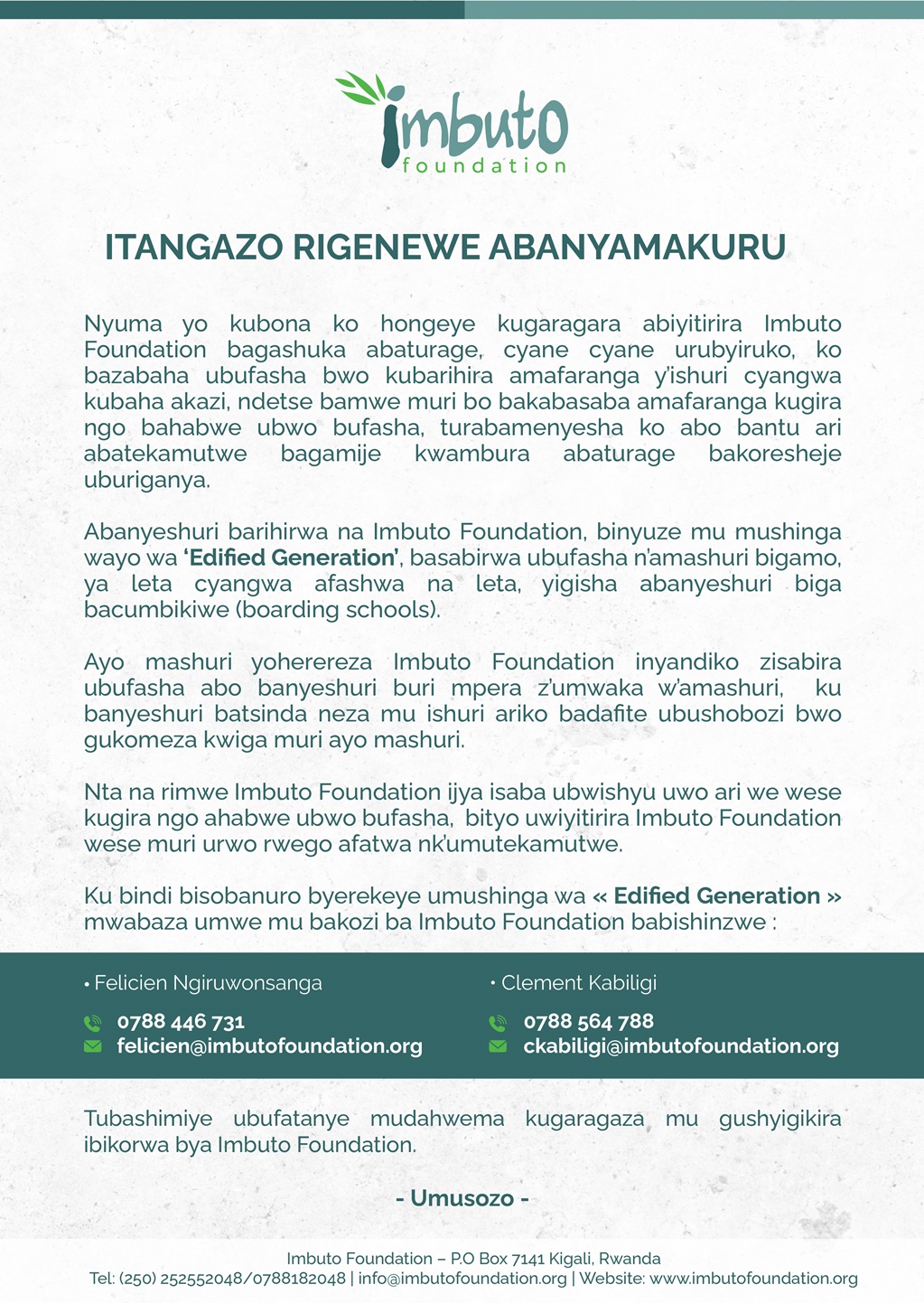 Imbuto Foundation yaburiye abatekamutwe basigaye bayiyitirira