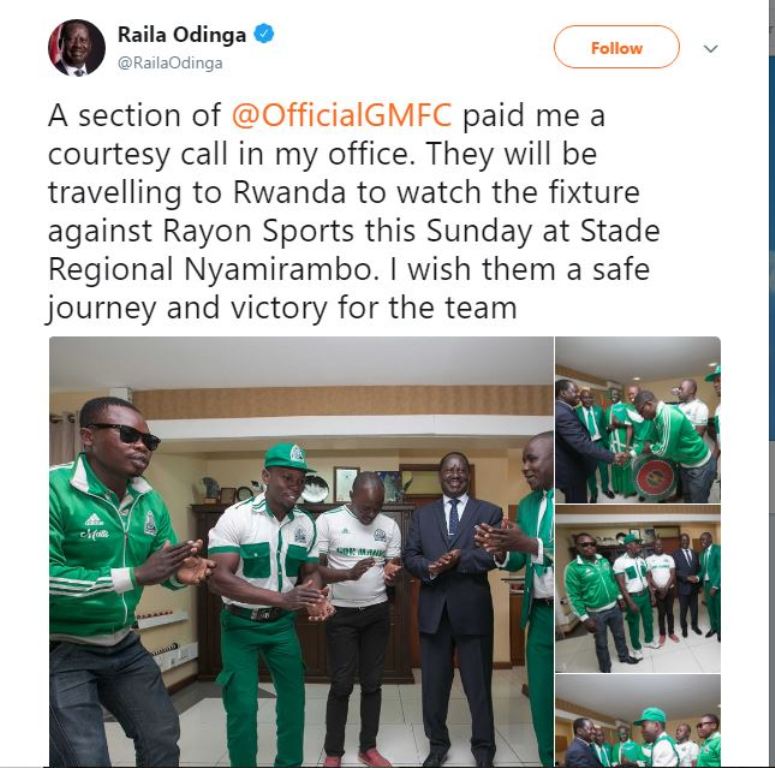 Raila Odinga yifurije Gor Mahia gutahukana intsinzi kuri Rayon Sports