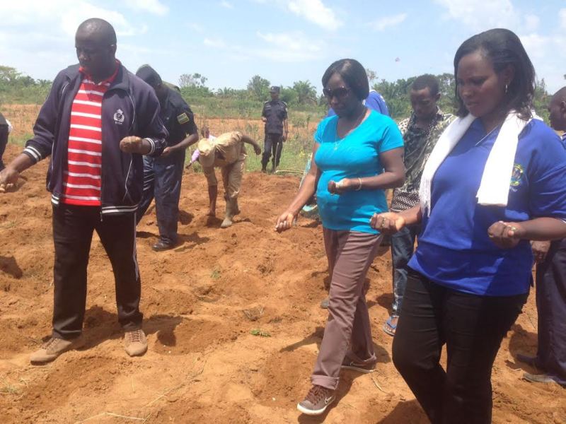 Dr Mukabaramba (hagati) n'abandi bayobozi bafatanyije n'abaturage guhinga no gutera ibigori mu murima wa Nyirimbabazi