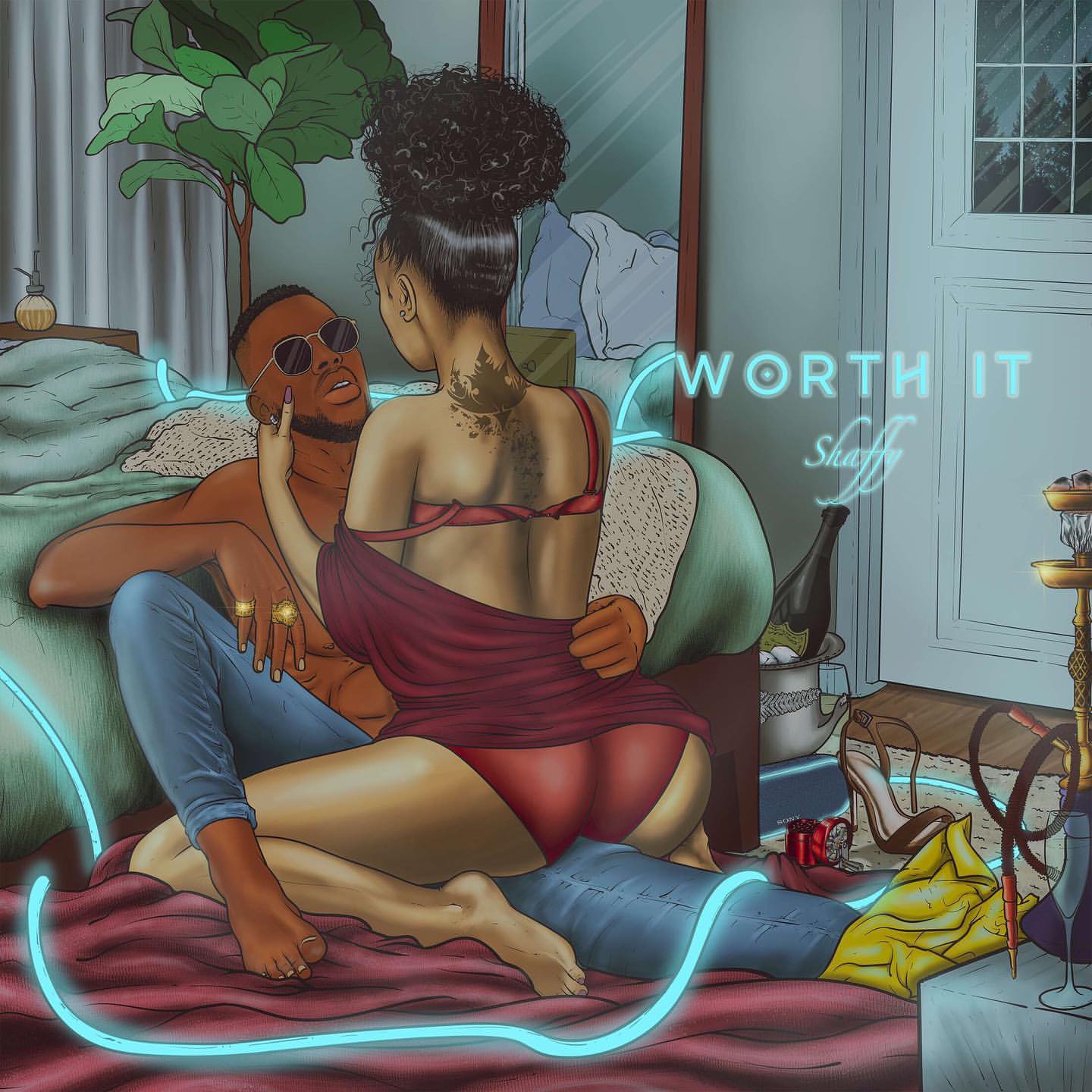 Shaffy ari kwamamaza indirimbo ye "Worth it" yifashishije igihangano cyakozwe mu ifoto ye n'inkumi ifite igishushanyo kiri mu ijosi rya Shaddyboo
