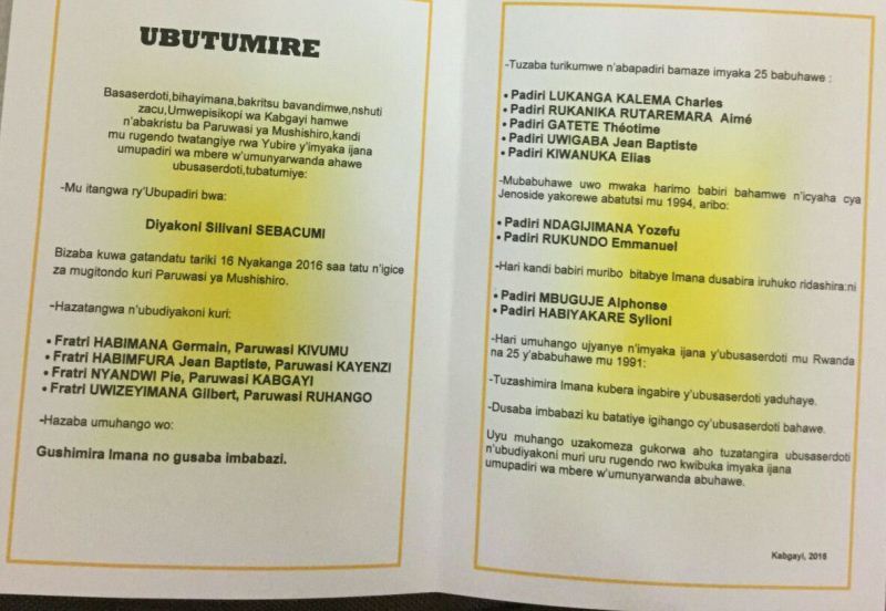 Kiliziya Gatorika yasohoye ubutumire buvuguruye kuri Yubile y'abapadiri batandatu barimo babiri bahamijwe ibyaha bya Jenoside
