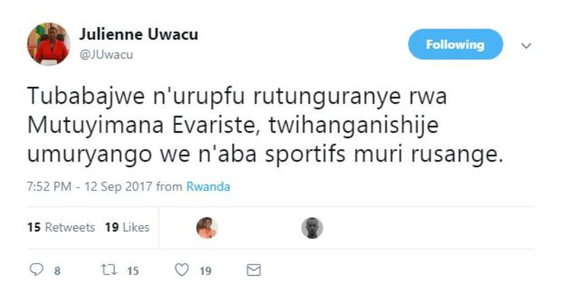 Ubutumwa bwa Minisitiri Uwacu yanditse kuri Twitter yihanganisha umuryango wa Rayon Sports n'uwa Evariste Mutuyimana