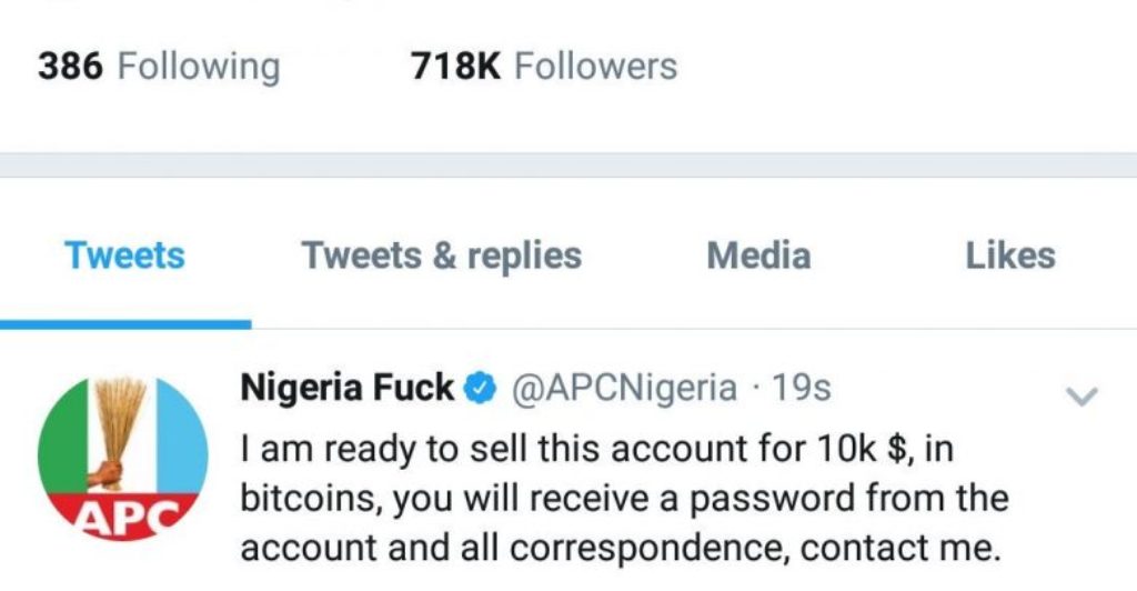 Urubuga rwa Twitter rw'Ishyaka riri ku butegetsi muri Nigeria (APC), rwinjiriwe n’aba-hackers banyuzaho ubutumwa bwamamaza