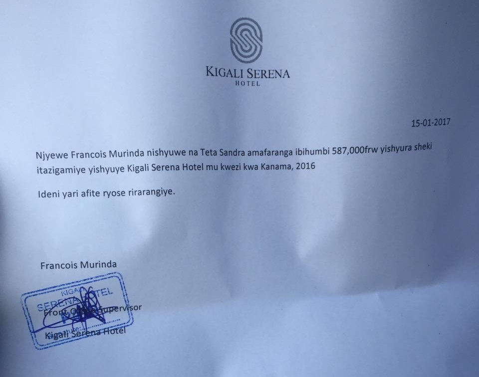Urupapuro rugaragaza ko Sandra Teta yishyuye Serena Hotel ngo rwazamuhesha koroherezwa ibihano