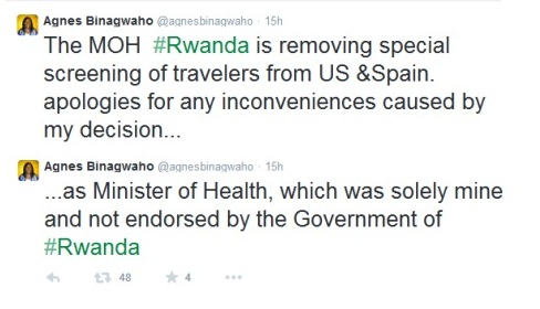 Binagwaho yagize ati "Minisiteri y'Ubuzima ikuyeho isuzuma ridasanzwe ku bagenzi baturuka muri Amerika na Espagne. Dusabye imbabazi ku cyaba cyangijwe n'icyemezo cyanjye!"