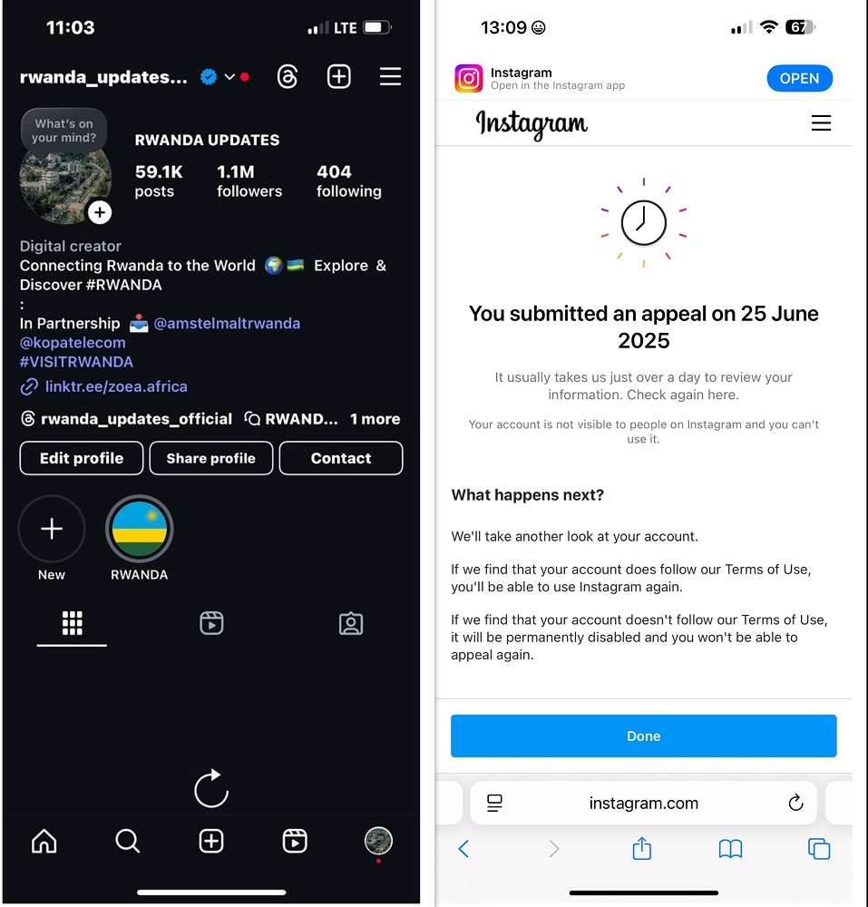 Konti ya Rwanda Updates yakurikirwaga n’abarenga miliyoni kuri Instagram yakuweho