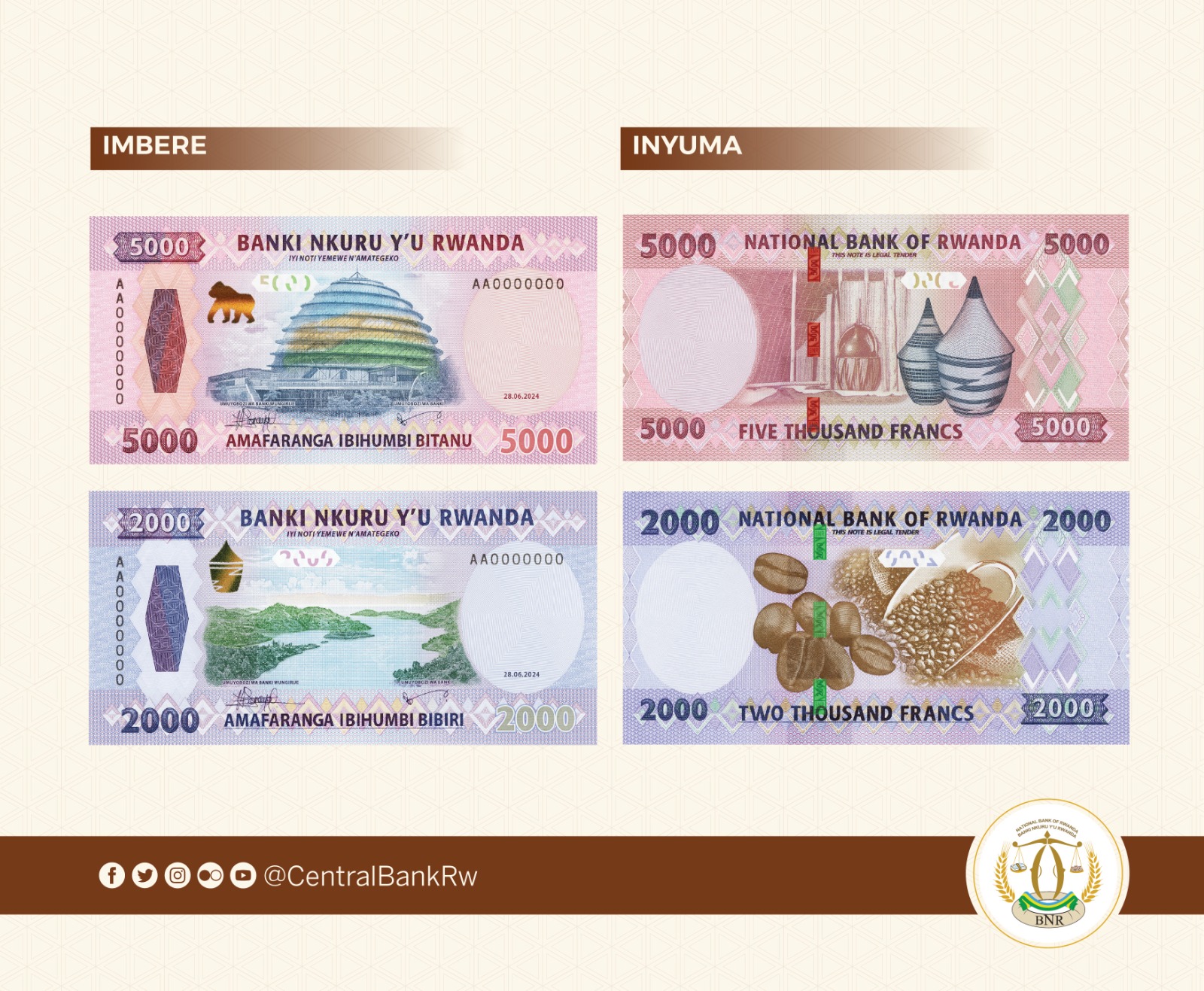 BNR yashyizeho inoti za 2000 Frw na 5000 Frw zifite ibimenyetso bishya (Amafoto)