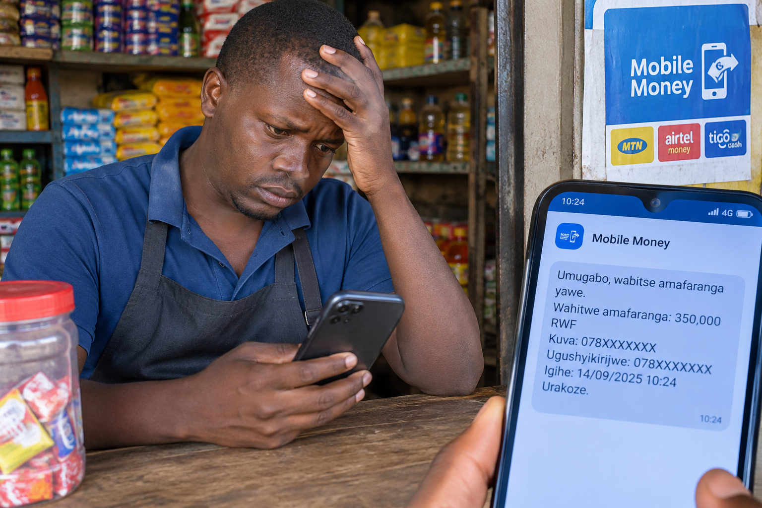 Umucuruzi yibwe miliyoni 2.4 Frw kuri Mobile Money (Ifoto ni AI)