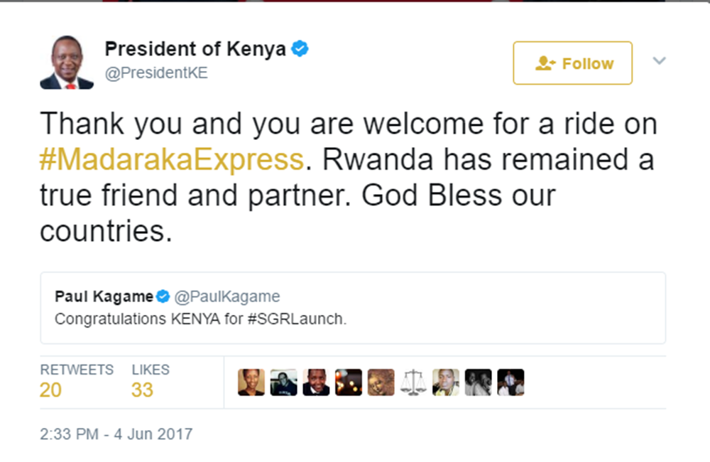 Ubutumwa Perezida Uhuru Kenyatta yashyize ku rukuta rwe rwa Twitter