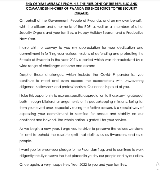 Ubutumwa Perezida Kagame yageneye ingabo z'u Rwanda n'izindi nzego z'umutekano